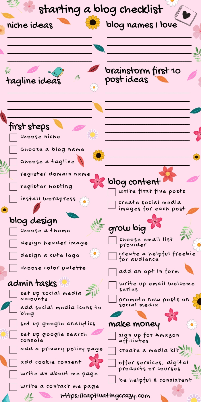 How to start a blog checklist! This inforgraphic checklist will let you know all the things to do when starting a blog... click on the pin to download your free printable how to start a blog checklist right now! #captivatingcrazy