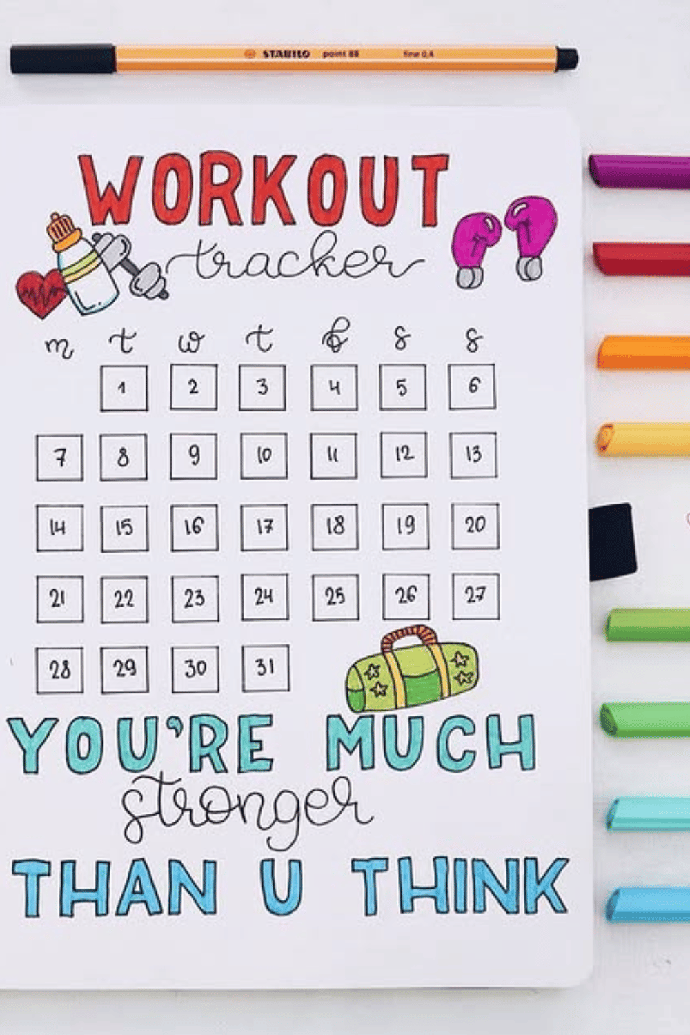 Workout tracker bullet journal page for fitness motivation