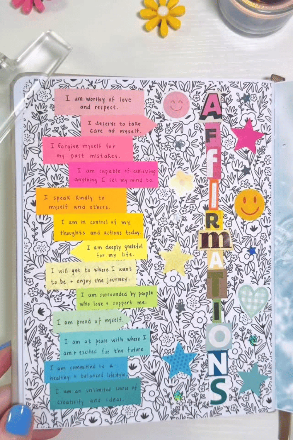 Affirmations bullet journal page for positivity