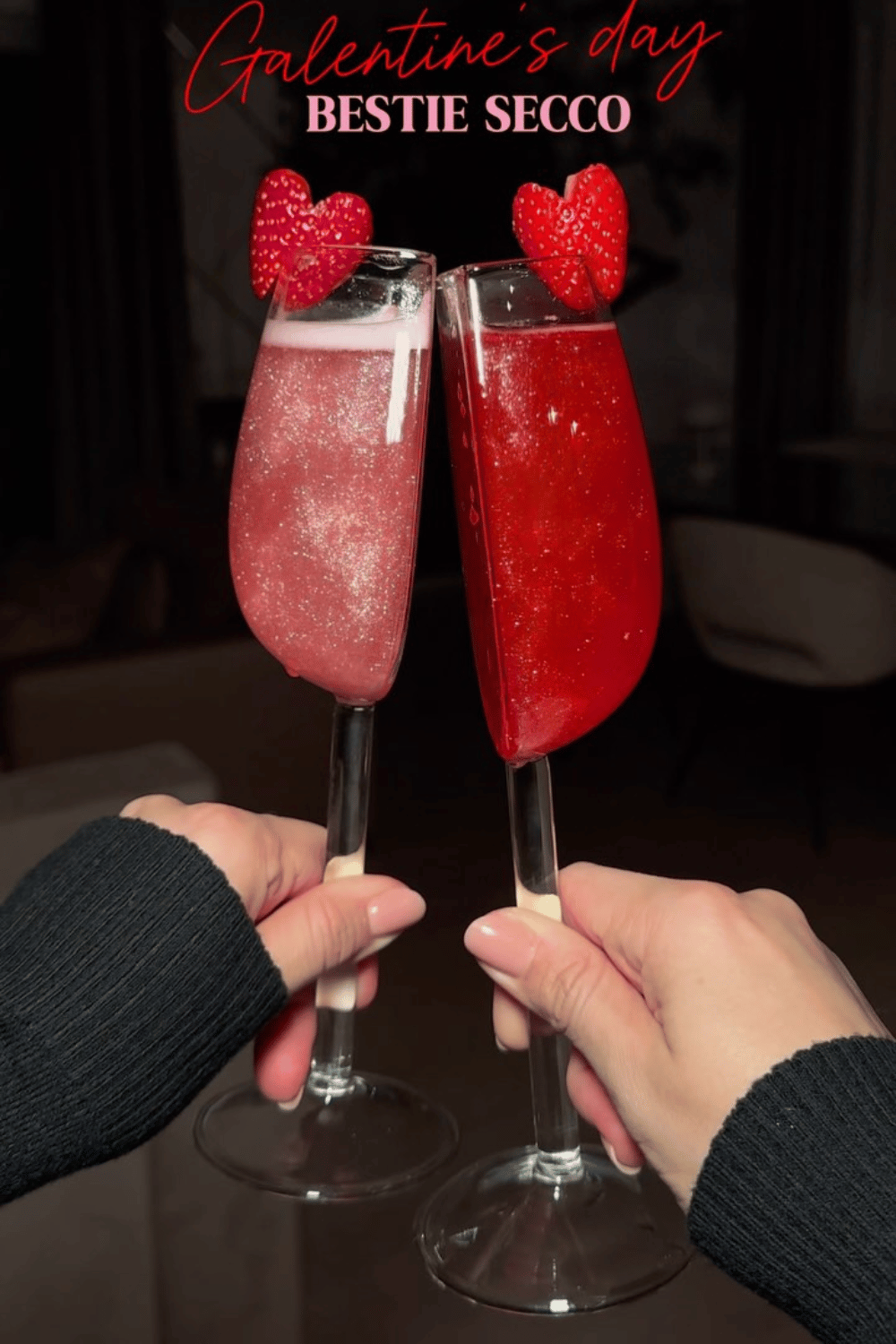 Glitter prosecco drinks with heart garnishes for Galentine’s Day