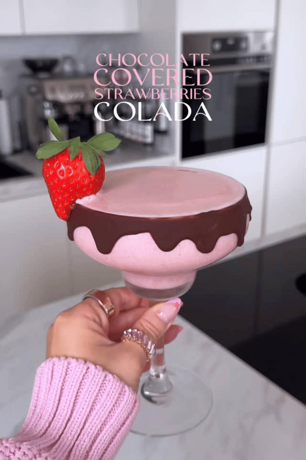 Chocolate covered strawberry colada in a coupe glass