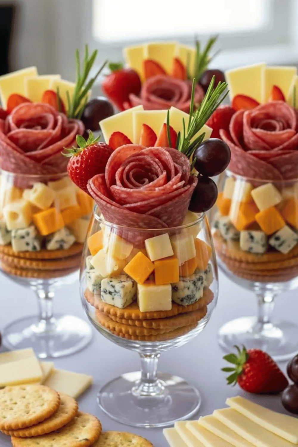 Charcuterie parfait cups with cheese, crackers, and fruit