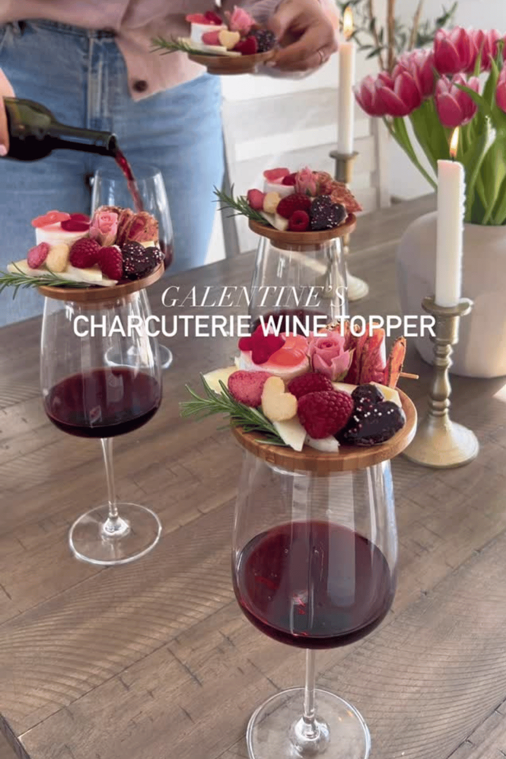 Galentine’s charcuterie wine glass toppers with berries and cheese