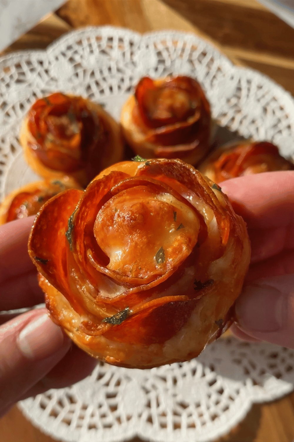 Pepperoni rose pizza bites shaped like flowers