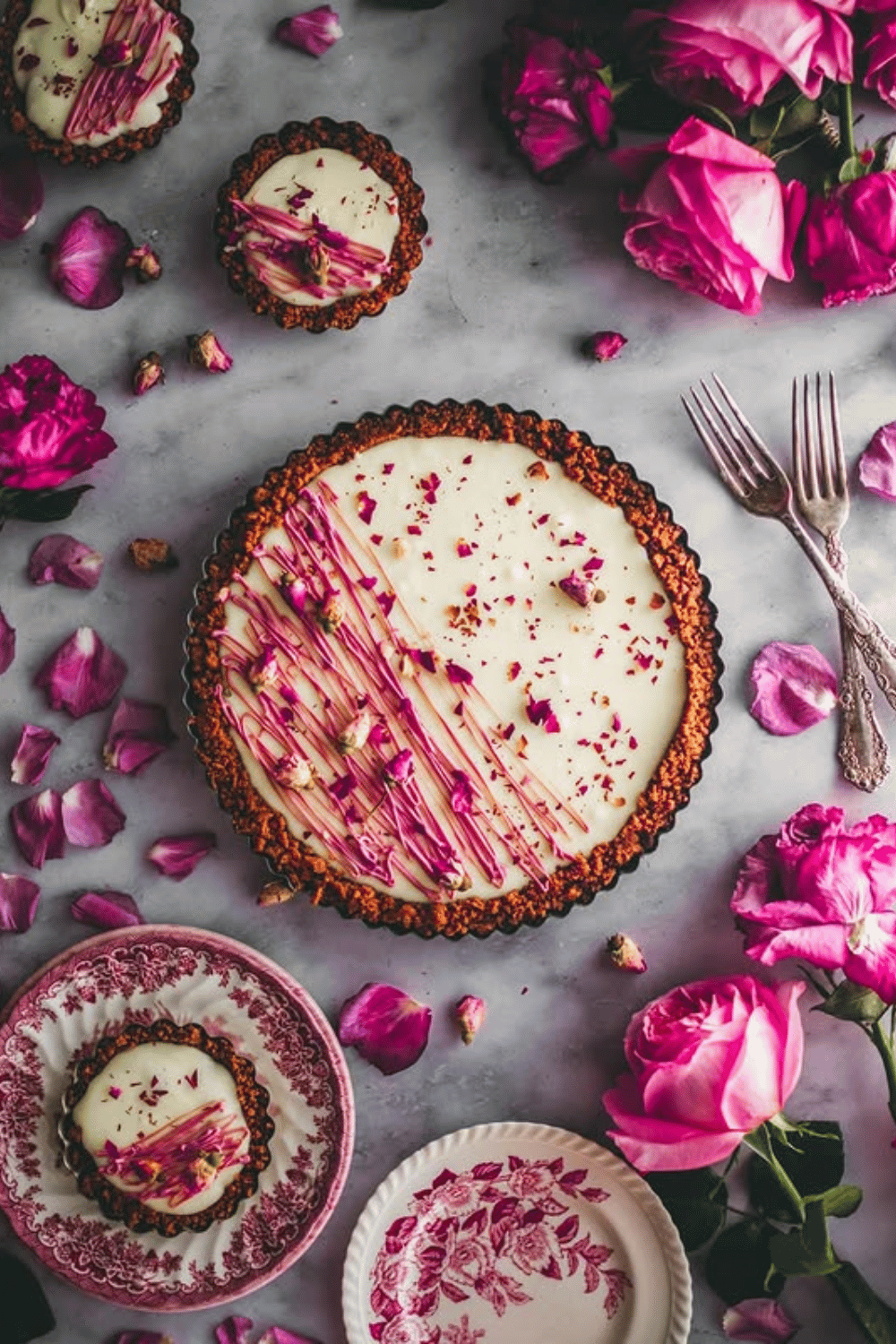 Rose petal tart dessert with floral styling