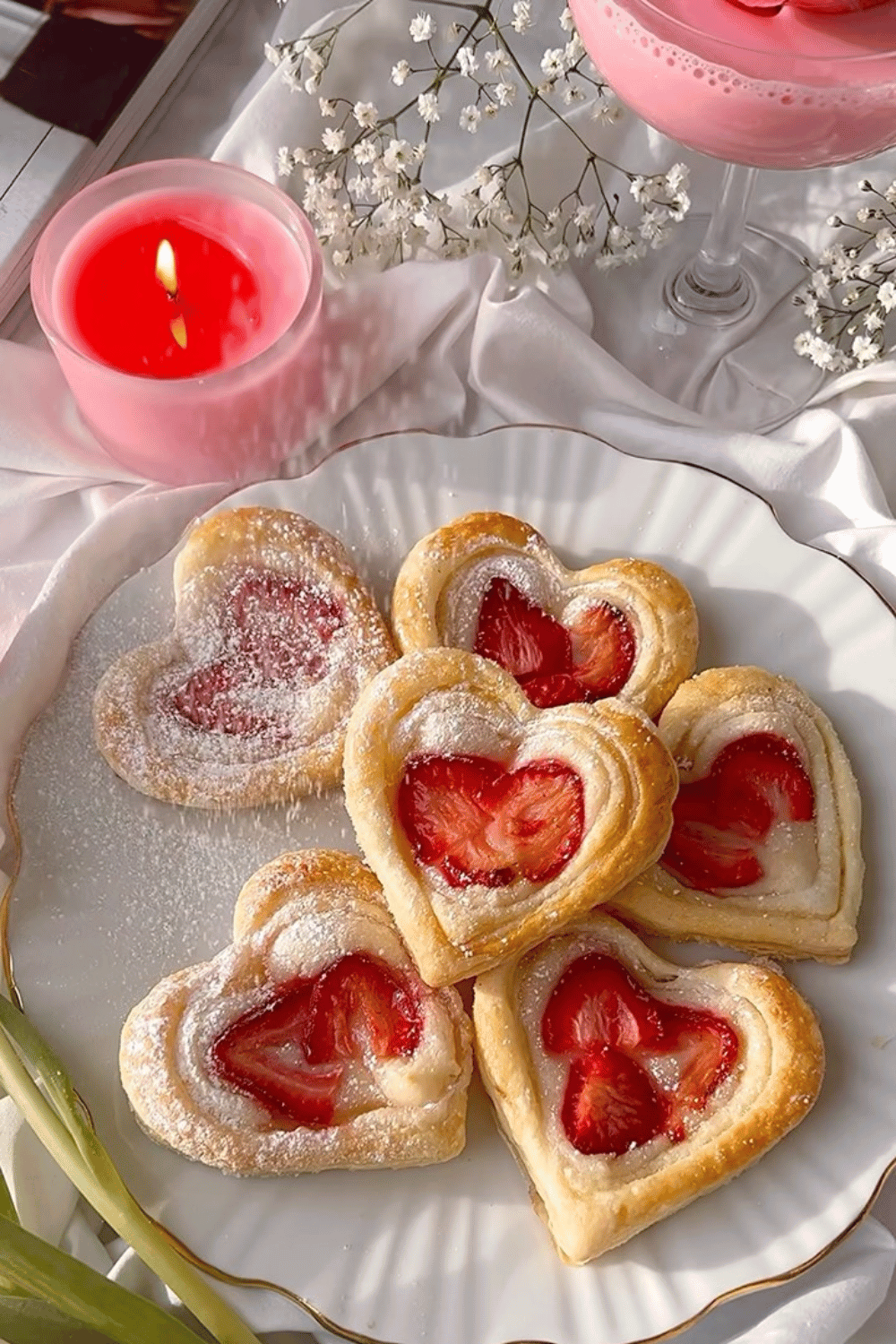 Heart-shaped strawberry puff pastries