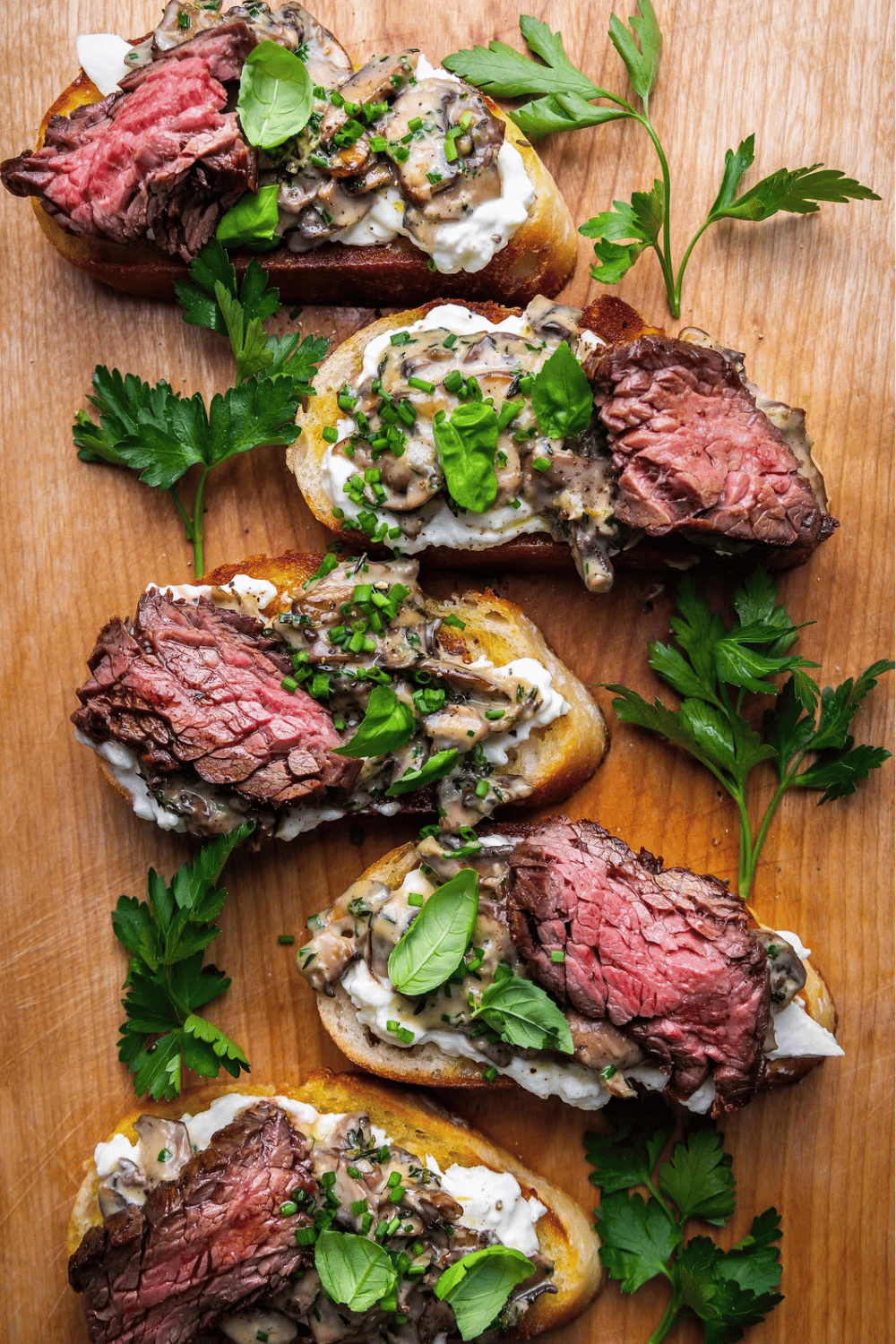 Steak mushroom and burrata crostini for a grown-up Galentine’s party