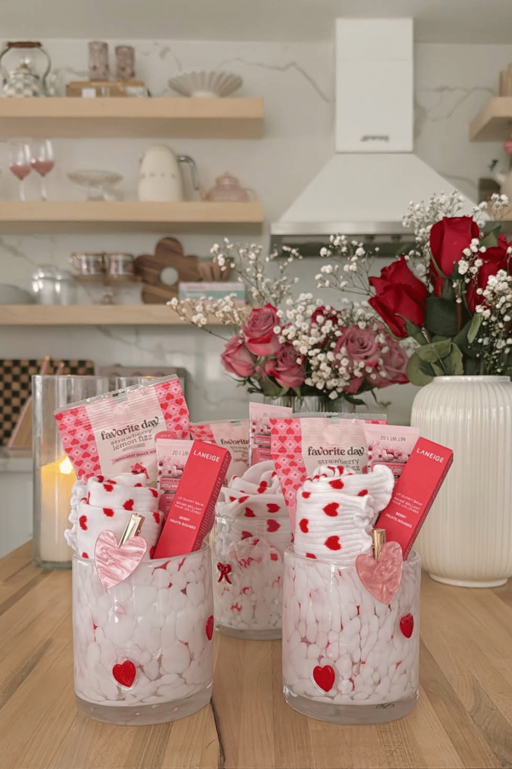 Galentine’s party favor jars filled with socks, beauty items, and treats