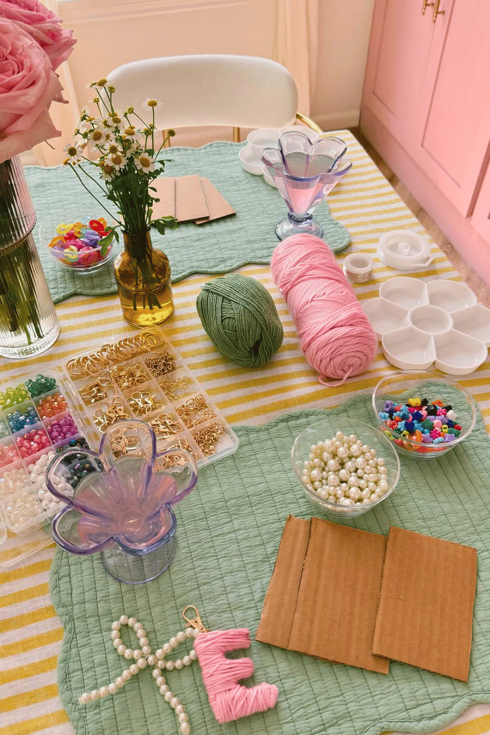 Friendship bracelet making station for galentine’s party activity