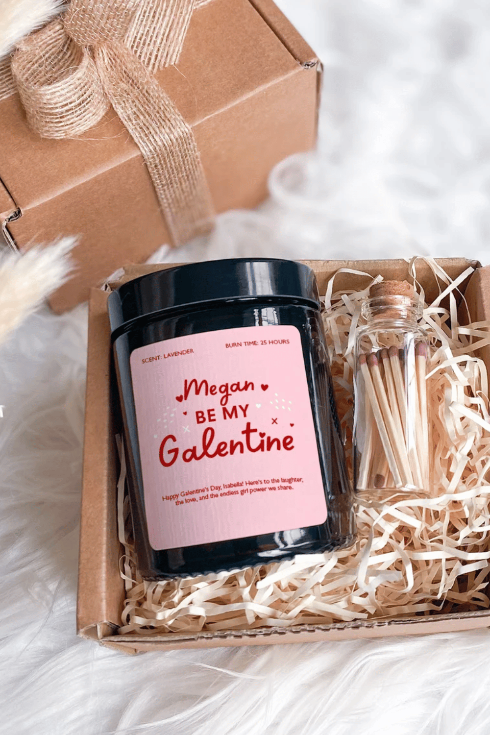 Personalized galentine’s candle gift with matches in gift box