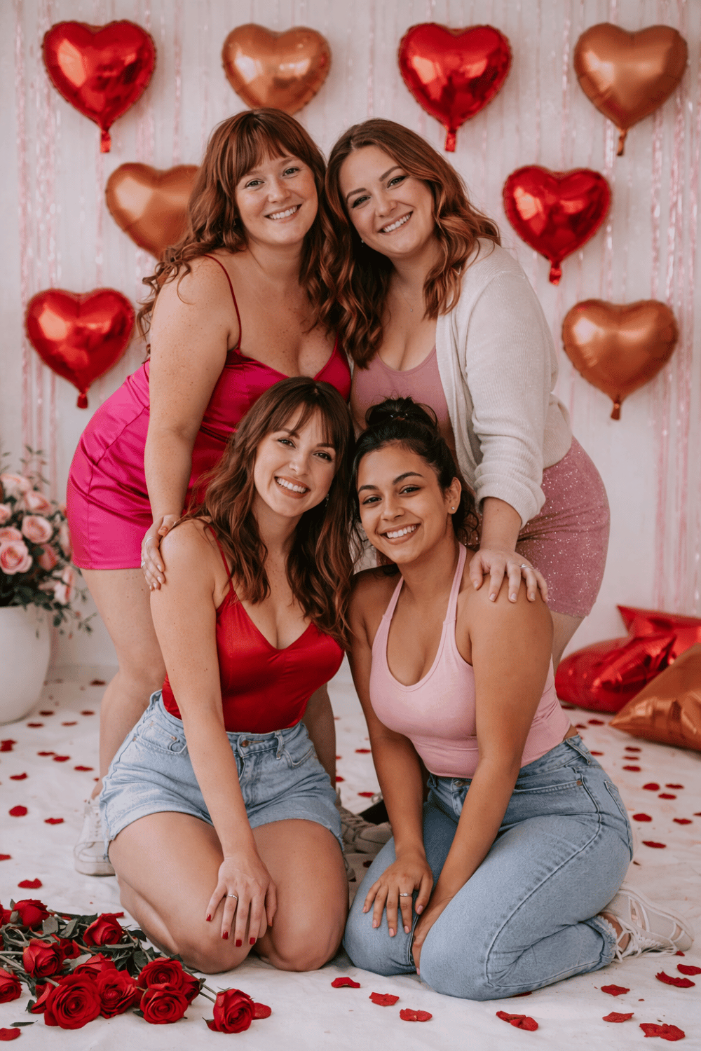 Group photo of friends posing at galentine’s day photoshoot with heart balloons
