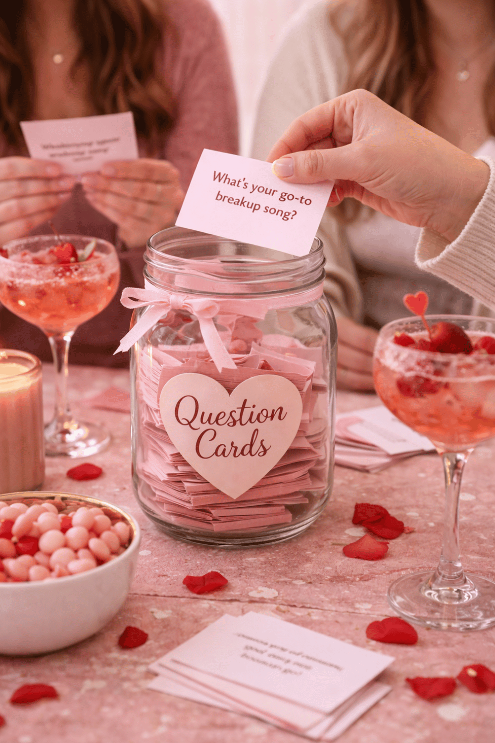 Galentine’s day question card game in a glass jar on a pink table with cocktails