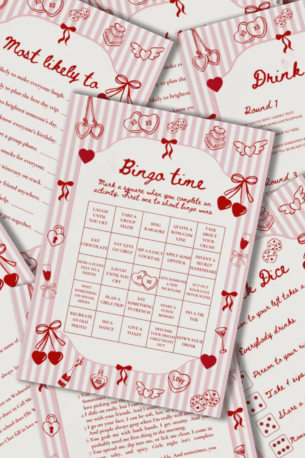Printable galentine’s day bingo and party games in pink and red theme