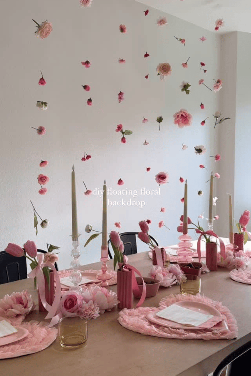 Floating floral wall backdrop for galentine’s party decor