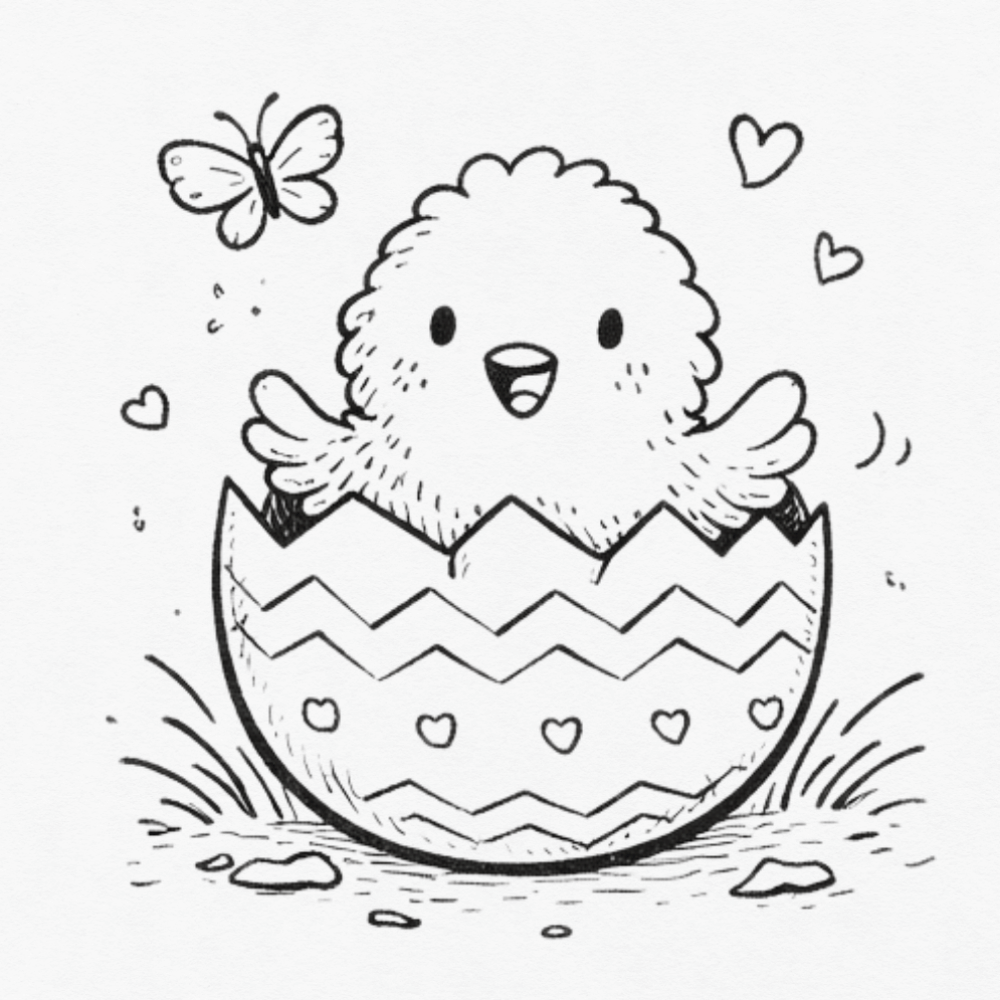 Happy chick sitting in patterned Easter egg doodle for coloring pages
