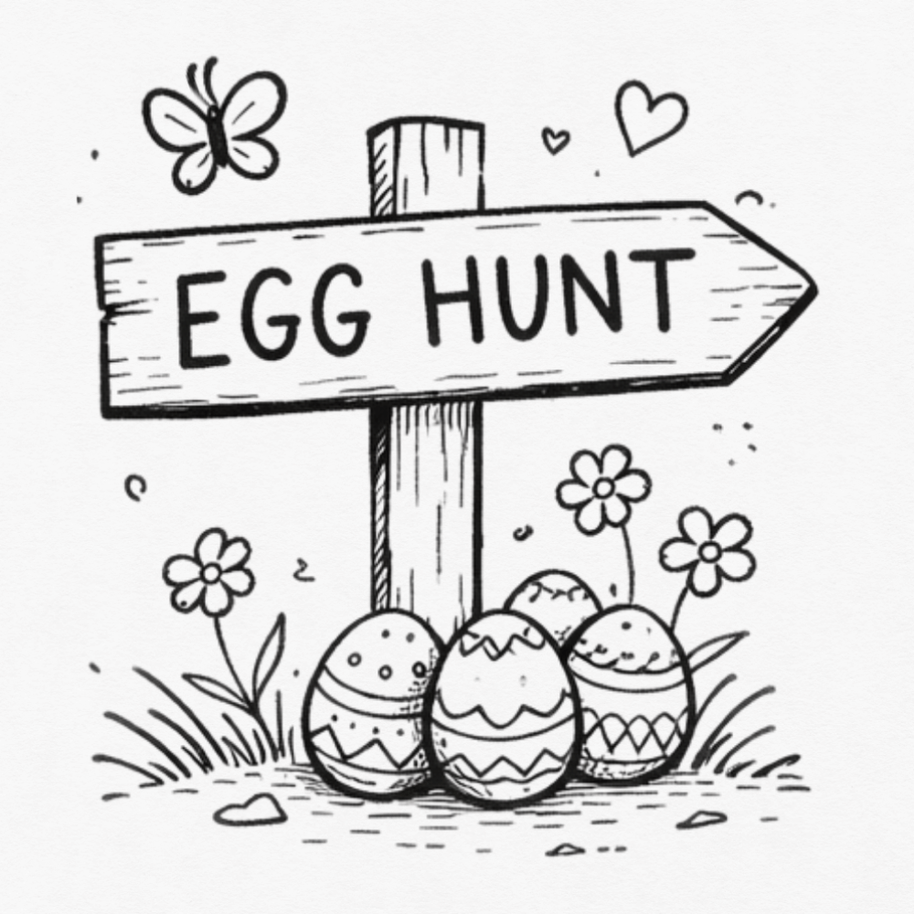 Easter egg hunt sign doodle with decorated eggs and flowers