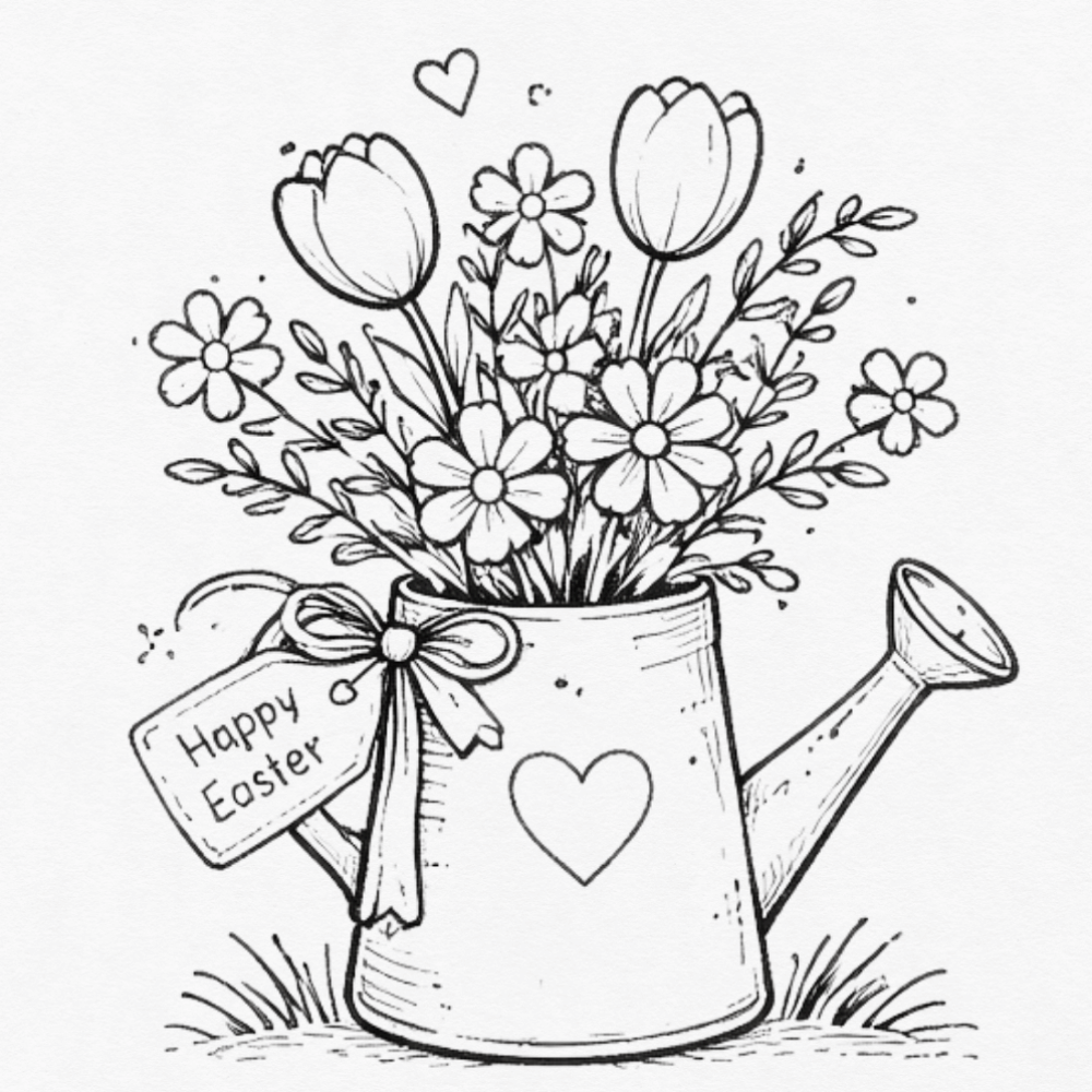 Watering can with spring flowers Easter doodle for greeting card ideas