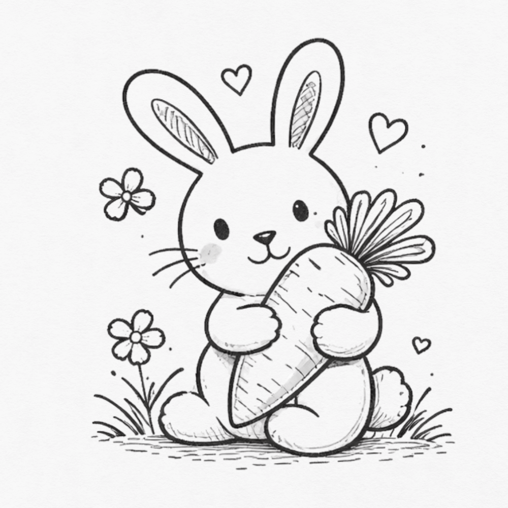 Bunny holding carrot Easter doodle with hearts and flowers