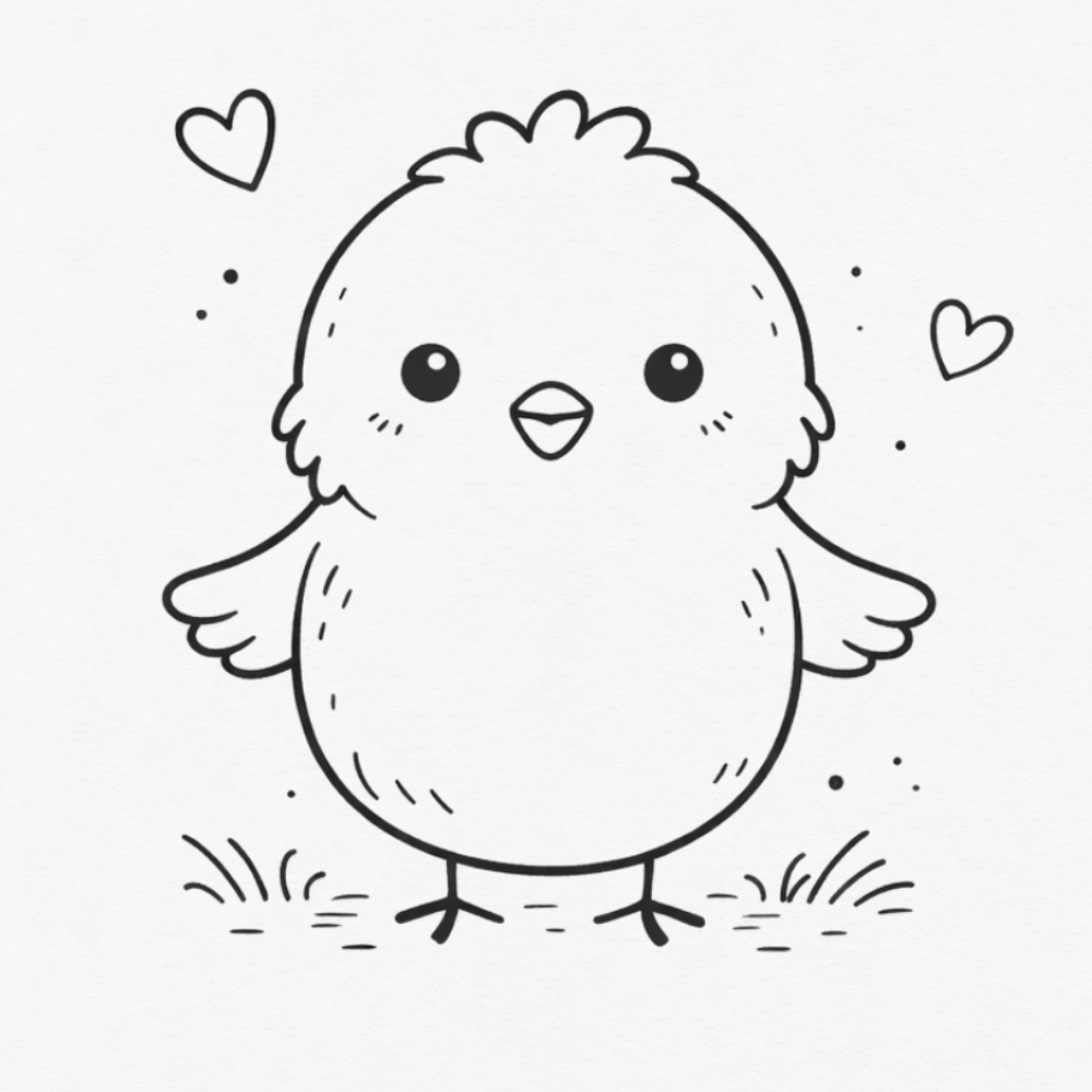 Cute Easter chick doodle standing in grass with hearts
