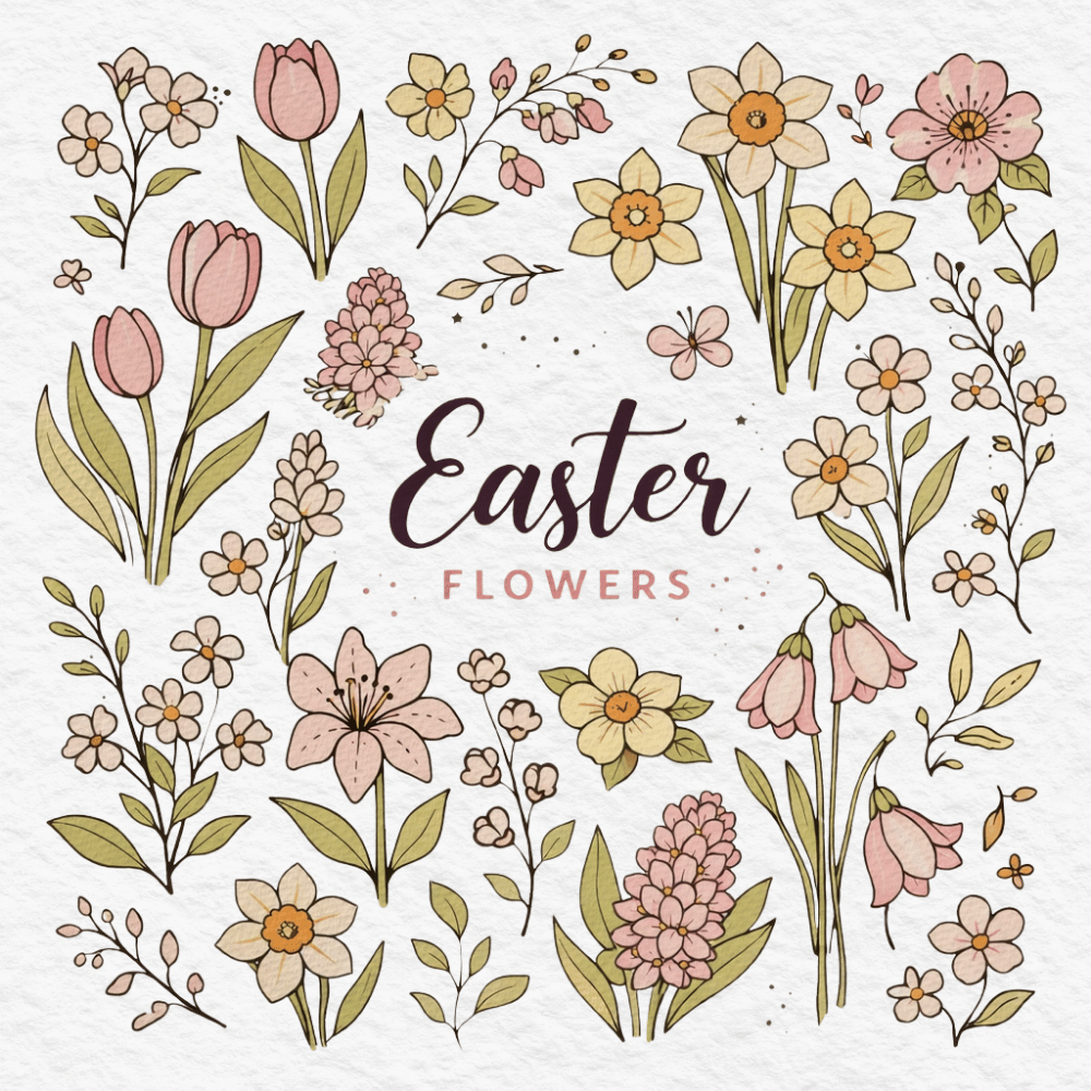 Easter flower doodle collection with tulips and spring blooms
