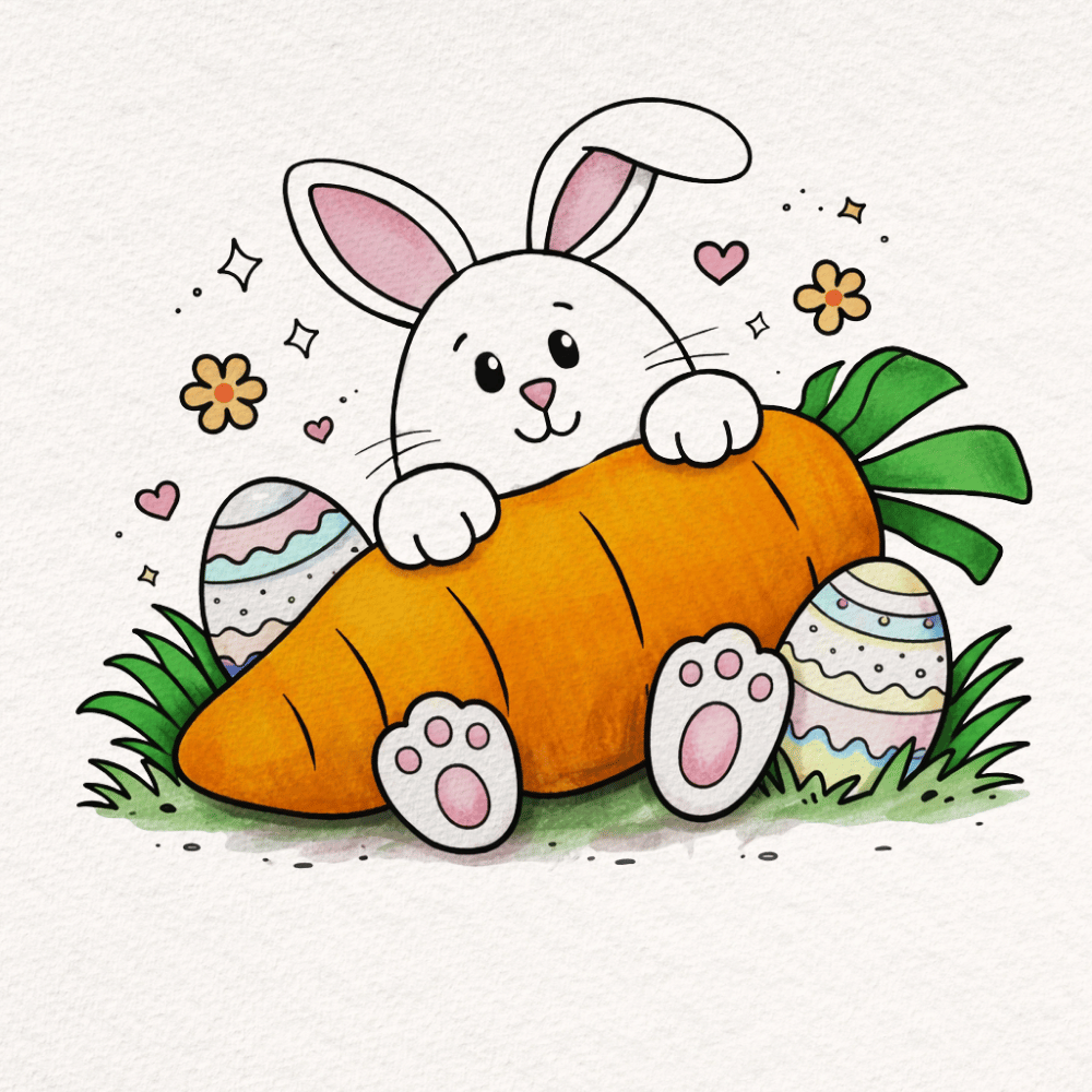 Cute bunny hugging a carrot Easter doodle for playful journal pages